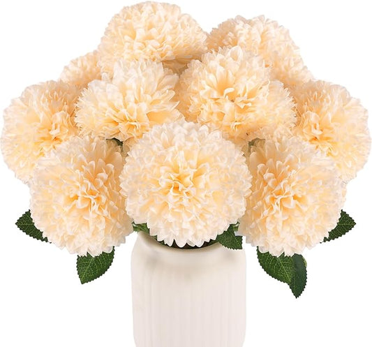 Hananona 12 Pcs Artificial Chrysanthemums Flowers Ball Flowers, Fake Mums Silk Plants for Home Decor Indoor Floral Arrangement Table Centerpiece (12, Champagne)