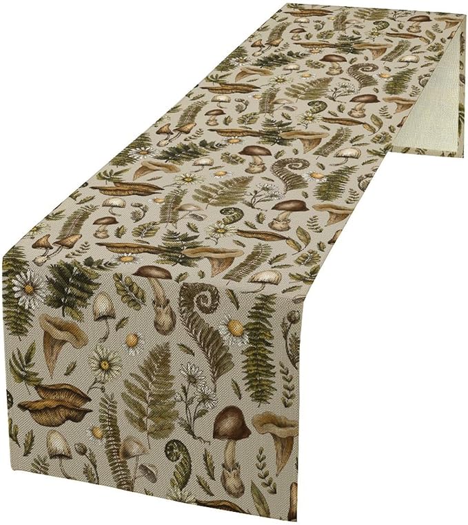 Vintage Woodland Mushroom Table Runner, Rustic Forest Green Plants Wild Mushroom Ferns Daisy Print Kitchen Dining Table Runners for Indoor Outdoor Home Party Holiday Decor, 13x120inch