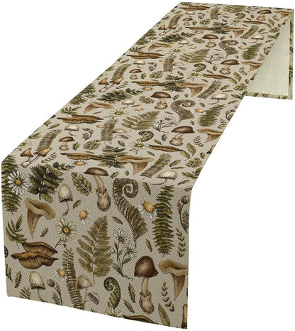 Vintage Woodland Mushroom Table Runner, Rustic Forest Green Plants Wild Mushroom Ferns Daisy Print Kitchen Dining Table Runners for Indoor Outdoor Home Party Holiday Decor, 13x36inch