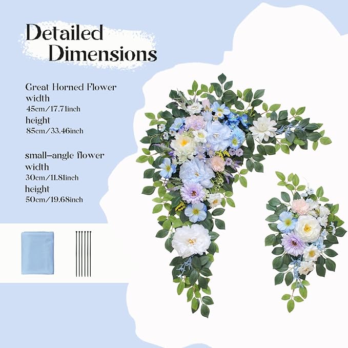 Wedding Arch Flowers Kit,Artificial Flower Arch Decor (Set of 3),2pcs Artificial Flower Arrangement with 1pc Sheer Drape for Wedding Decor Reception Backdrop Floral Decorations (Sky Blue)