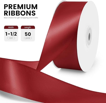1-1/2" x 50 Yards Satin Ribbon - Burgundy Silk Ribbon with Spool - Ideal for Gift Wrapping, Floral Bouquets, Crafts, Wedding Party Decorations, Christmas and Sewing Projects