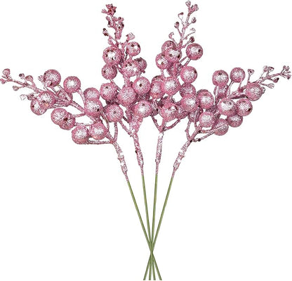 DearHouse 14 Pack Christmas Glitter Berries Stems, 7.8Inch Artificial Christmas Picks for Christmas Tree Ornaments, DIY Xmas Wreath, Crafts, Holiday and Home Decor (Pink)