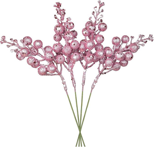 DearHouse 14 Pack Christmas Glitter Berries Stems, 7.8Inch Artificial Christmas Picks for Christmas Tree Ornaments, DIY Xmas Wreath, Crafts, Holiday and Home Decor (Pink)