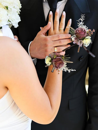 Corsage and Boutonniere Set Corsage Wistlet Dusty Red Corsage Wrist Artificial Flower Perfert for Proms | Weddings for Bride,Bridesmaids, Groom,Groomsmen Decor (Dusty Red)