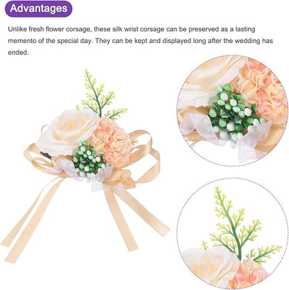MECCANIXITY Wrist Corsage Artificial Flower Bracelets Pack of 2 Rose Wrist Bride Groom Decorative for Wedding Ceremony Prom Party Anniversary, 10x12cm Light Beige