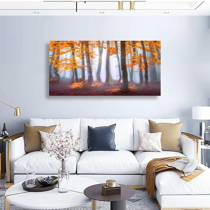 Orange Maple Leaf Tree Canvas Wall Art for Living room Office Bedroom Mist Forest Wall Art Print Paintings Modern Nature Autumn Landscape Pictures Wall Decor Artwork Ready to Hang - 20in * 40inch