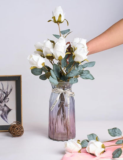 Rose Artificial Flower Buds 12pcs Realistic Faux Silk Roses Fake Flowers Bouquets Arrangements Decor for Wedding Spring Mother's Day, Home Table Decorations, Beige Flower
