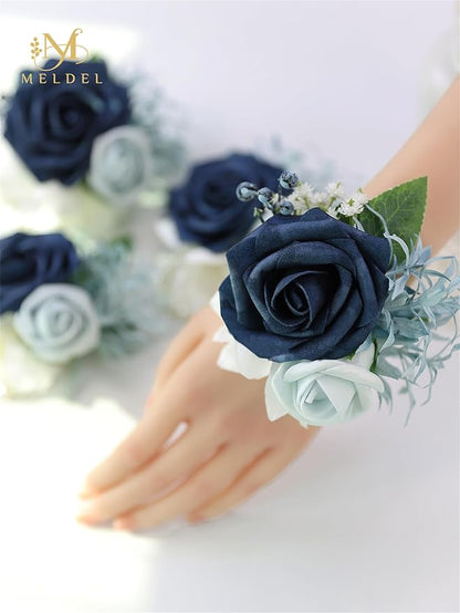 Meldel Navy Blue Wrist Corsage,Set of 6, Homecoming Wrist Flower Girl/Mother Corsages Wristlet Décor Perfect for Bride Bridesmaids Wedding Guests Hand Flower, Proms, Party, Ceremony Anniversary