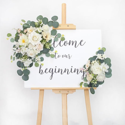 2pcs Wedding Arch Flowers,Wedding Artificial Sign Flower,Welcome Easel Door Decor Wall swags for Reception Backdrop Table Decorations Welcome Sign (Champagne White)