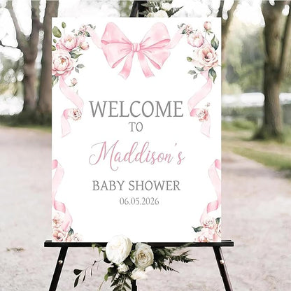 Personalized Pink Bow Baby Shower Welcome Sign, Custom Minimalist Bow Baby Girl Party Sign, Baby's Shower Gifts, Birthday Gifts, Gender Reveal Decorations, Newborn Announcement Party Supplies - 15
