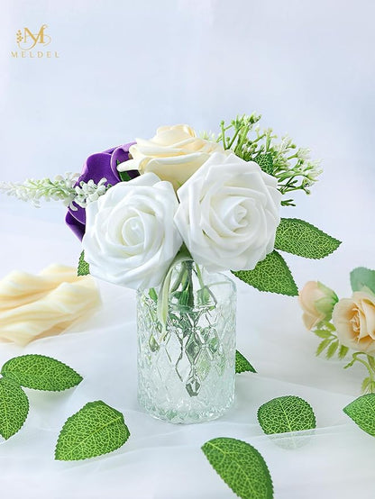 Meldel Artificial Flower 50pcs Real Looking White Rose Fake Foam Roses with Stems for DIY Wedding Bouquets Gifts Bulk Crafts Faux Floral Centerpieces Arrangements Party Home Tables Decorations