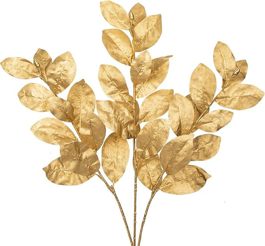 Briful Gold Magnolia Leaves Branches, 3 Pack 28.7in Faux Magnolia Leaves Stems Artificial Christmas Greenery Branches for Xmas Home Vase Floral Arrangement