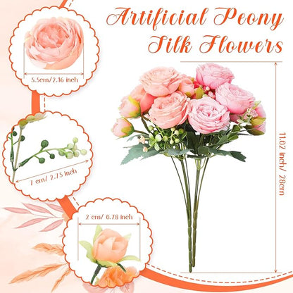Geosar 8 Bundles Artificial Peonies Flowers Fake Silk Peony Bouquet Faux Peonies Flowers Bulk for Decoration Vase Floral Arrangements Wedding Party Table (Peach Pink,Light Pink)