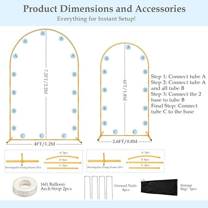 Arch Backdrop Stand, 7.2FT 6FT Wedding Arch Gold Set of 2, Metal Balloon Arch Kit Stand with Base for Gender Reveal Ceremony Birthday Anniversary Bridal Graduation Party Event Background Decoration