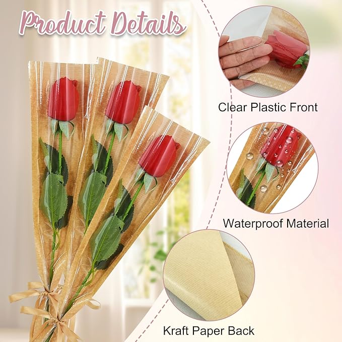 BEISHIDA 100 Pcs Single Rose Sleeve Bouquet Bags Kraft Paper Flower Bouquet Wrapping Paper Clear Single Flower Sleeve Rose Packaging For Mother's Day,Graduation,Wedding,Valentine's Day(15.7 X 4.7)