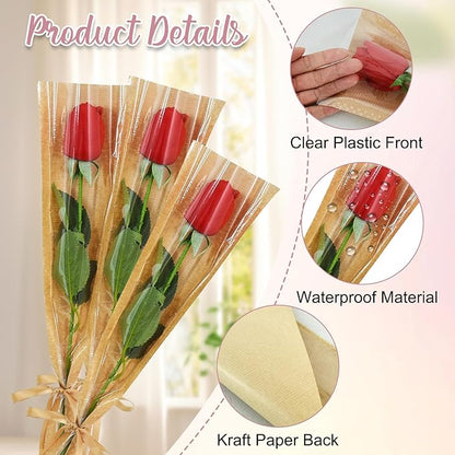 BEISHIDA 100 Pcs Single Rose Sleeve Bouquet Bags Kraft Paper Flower Bouquet Wrapping Paper Clear Single Flower Sleeve Rose Packaging For Mother's Day,Graduation,Wedding,Valentine's Day(15.7 X 4.7)