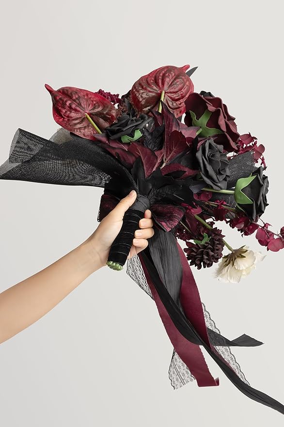 Ling's moment Black and Burgundy Wedding Bouquets for Bride, Gothic Bridal Bouquets for Bride, 13 Inch Free Form Artificial Wedding Flower Bouquet