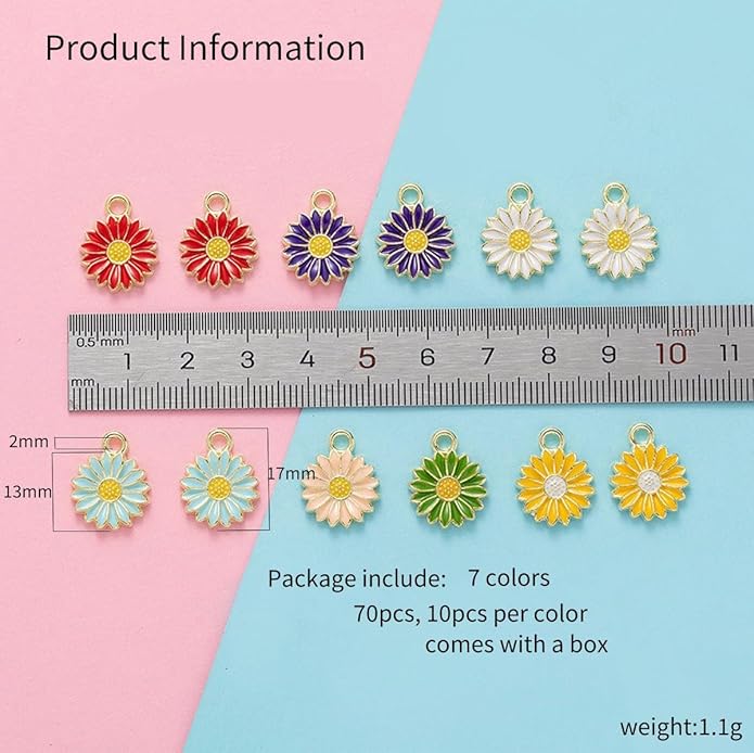 70Pcs 7 Colors Enamel Daisy Flower Charms for Jewelry Making Gold Plated Sunflower Charm Spring Summer Floral Pendant for Bracelet Necklace Earrings Keychains DIY Craft Supplies Accessories-13mm
