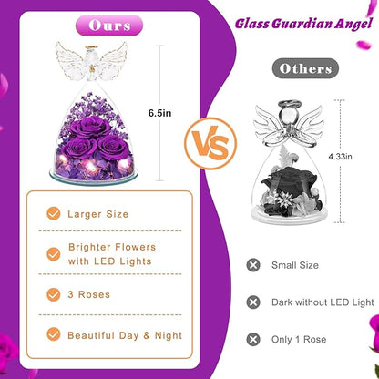 Preserved Flower Rose Gifts for Women, Forever Eternal Fresh Flowers in Glass Angel Figurines Flowers for Delivery Prime Purple Roses for Grandma Mom Sister Her Wife on Mothers Day Birthday Christmas