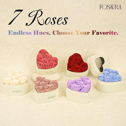 Rosaura Heart-Shaped Preserved Roses Gift Box - Real Forever Flowers for Birthday, Valentine's & Mother's Day (red, 7 roses)