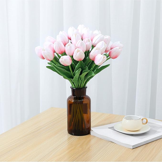 SITUMEIZI 15pcs Pink Tulips Fake Artificial Flowers Real Touch 14" Silk Flower for Home Decor Spring Easter Wedding Bouquet Decorations Gifts(Pink Base)