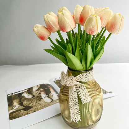 20 Pcs 13” Real Touch Champagne Pink Tulips Artificial Flowers, Latex Pu Fake Faux Lifelike Flowers with Stems, for Wedding Bouquet Christmas Home Decor