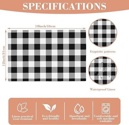 Buffalo Check Placemats Set of 4 Black and White Dining Place Mats Linen Table Mat for Farmhouse Home Kitchen Decor 12 X 18 Inch