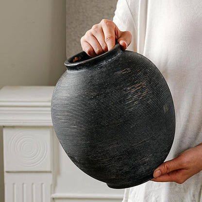 Black Round Ceramic Vase, 9.8 inch Large Textured Flower Vase,Minimalist Rustic Farmhouse Decor for Home, Living Room, Shelf, Table, Bathroom & Entryway Decoration (Black Bronze)