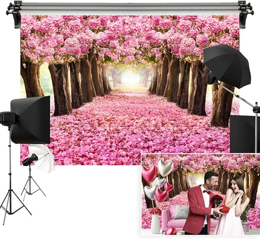 12x8ft Spring Pink Flower Backdrop Cherry Blossom Floral Petal Trees Boulevard Garden Romantic Valentine's Day Photography Background for Wedding Baby Shower Tea Party Girl Adult Portraits