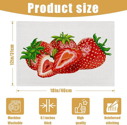 Strawberry Placemats Set of 6, Spring Summer Linen Place Mat Washable Stain Resistant Table Mats for Farmhouse Kitchen Dining Party Wedding Decor 12x18 Inch