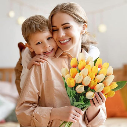 MACTING 30 PCS Artificial Tulip Flowers 13.7" Real Touch Fake PU Tulips Bouquet Faux Flowers for Floral Arrangements Table Centerpiece Home Kitchen Indoor Outdoor Summer Decor (Mix Yellow)