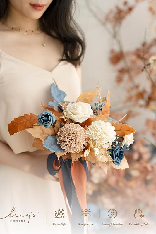 Ling's moment Artificial Flowers Orange & Navy Bridesmaid Bouquet Set of 6, Orange Wedding Flowers Bouquets for Bridesmaids, 7 Inch Bridal Bouquets for Bridesmaids, Wedding, Decor, etc