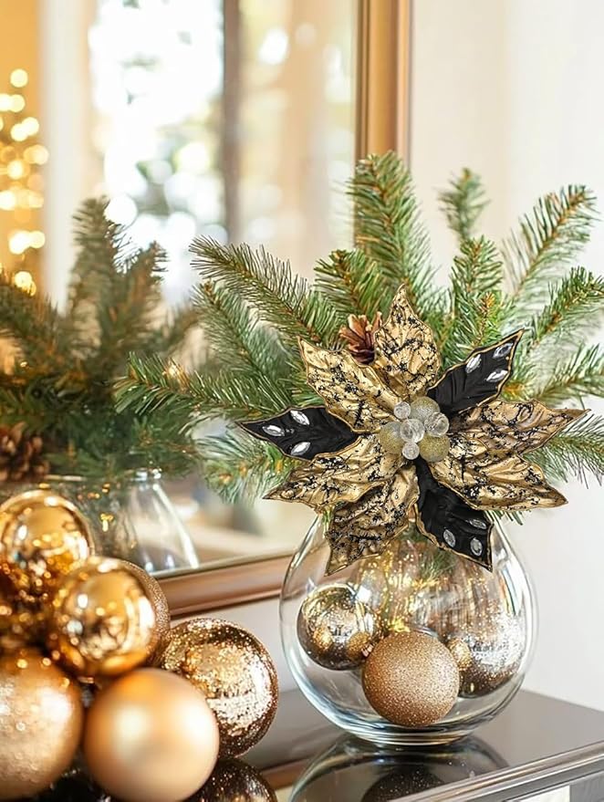 Hollyone 3PCS Poinsettia Christmas Flowers Artificial 11" Large Black and Gold Glitter Poinsettia Flower Christmas Tree Ornaments Floral Picks for Tree Wreath Garland Vase Table Centerpiece Home Decor