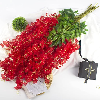 12 Pack Artificial Flowers Silk Wisteria Vine Ratta Hanging Flower (Red)