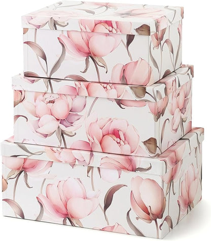Soul & Lane Decorative Cardboard Storage Boxes with Lids for Home Decor and Organization, Set of 3 Large Keepsake Boxes for Memories & Gifts, Nesting Floral Photo Storage Containers, Peonies Paradise