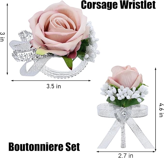 2Pcs Dust Pink Rose Corsage and Boutonniere Set, Artificial Wrist Corsage Wristlet Bracelets, Men Boutonniere for Wedding Anniversary Party Homecoming Flowers Accessories Prom Decor