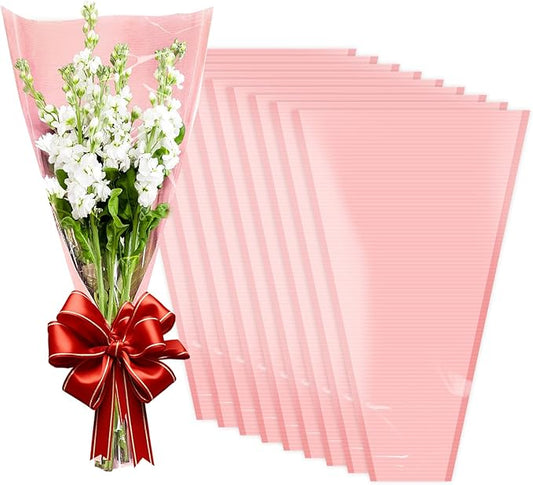 XABMU Pink Flower Bouquet Bags - 50 Pack Pink & Clear Floral Wrapping Sleeves for Wedding, Graduation, Mother’s Day Gifting & Florist Supplies