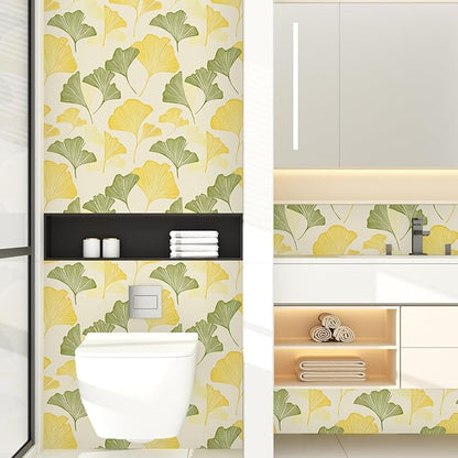 Gingko Wallpaper Peel and Stick, Yellow/Green Leaf Contact Paper, Vintage Autumn Botanical Leaves Wall Paper 17.5" x 118" Self Adhesive Removable Waterproof for Bedroom Shelves Cabinet Drawer Table