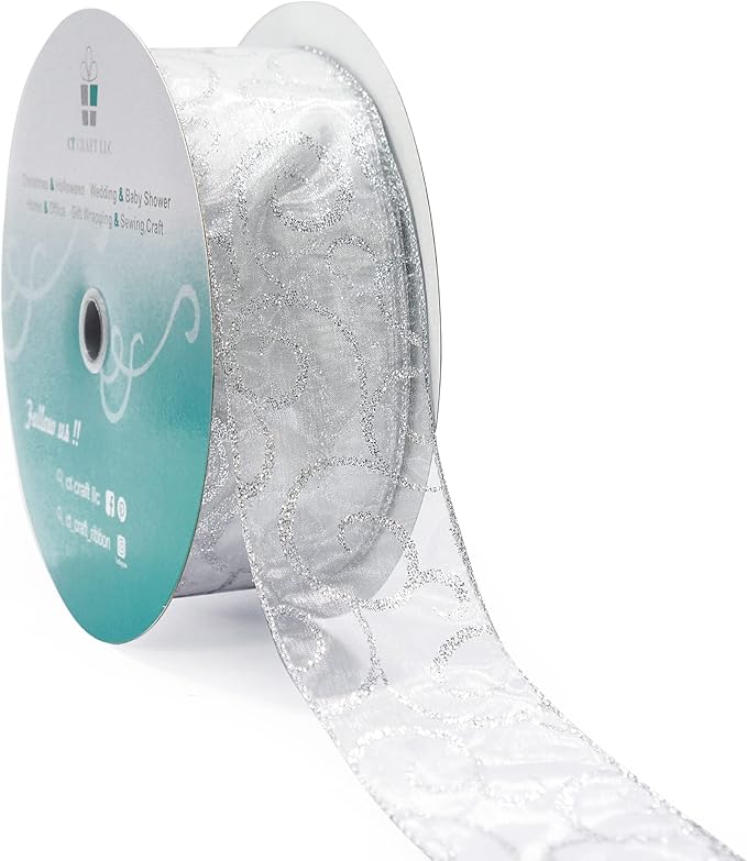 CT CRAFT LLC Organza with Silver Glitter Swirls Wired Ribbon 2.5 inch x 50 Yards for Christmas Home Decor Tree Topper Bow Gift Wrapping DIY Crafts Wreath Garland Wedding