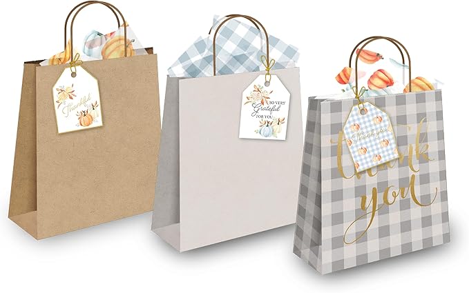 Pro Supply Global 24 Count of 2.5 Inch x 3 Inch Pre Strung Thankful Fall Pumpkins Gift Tag Assorted Printed Designs on Large Cardstock Gift Hang Tags - Ideal to Use on Bags
