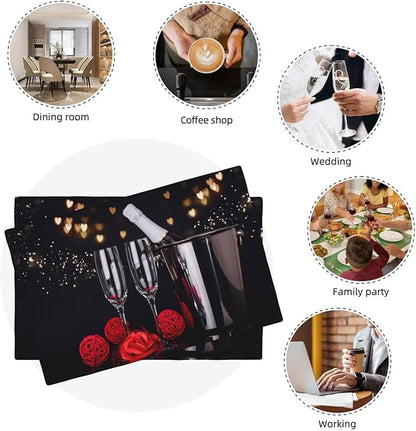Red Rose Wine Linen Table Placemats Set of 6 Romantic Floral Modern Art Placemat Indoor Outdoor Party Home Desktop Kitchen Dining Room Decoration 12x18 Inch