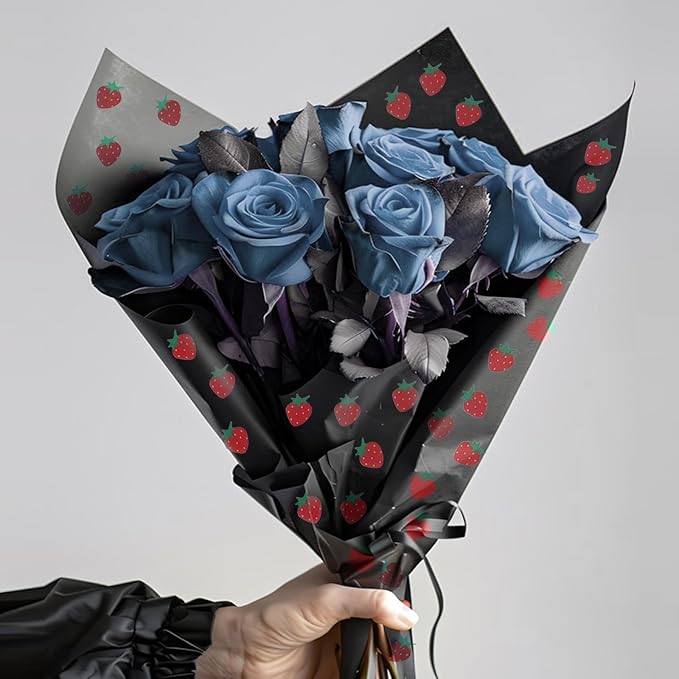 HLTOO 20 Sheets Flower Wrapping Paper, Bouquet Floral Packaging Paper with Strawberry Pattern, for Wedding, Party, Mother's Day, Birthday, and DIY Craft Florist Supplies (BlackBlack)