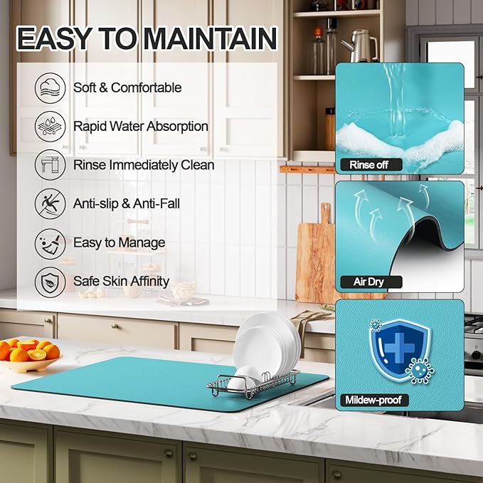 Dish Drying Mat for Kitchen Counter | Coffee Bar Mat for Countertops | Heat Resistant Drainer Mat with Non-slip Rubber Backed | Hide Stain Kitchen Absorbent Draining Mat | Turquoise 16"x20"