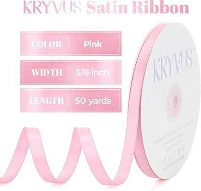Pink Satin Ribbon, Double Faced 3/8 Inch X 50 Yards Pink Ribbon, Premium Satin Ribbon for Gift Wrapping, Crafts, Hair Bow Making, Sewing, Flower Bouquet, Wedding Party Decor