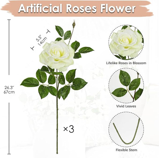 Hollyone 3Pcs White Roses Artificial Flowers Bouquets 26.3" Rose Fake Flower Arrangements Silk Flowers with Long Stem Floral Branch Faux Roses Flowers for DIY Wedding Table Centerpieces Home Decor