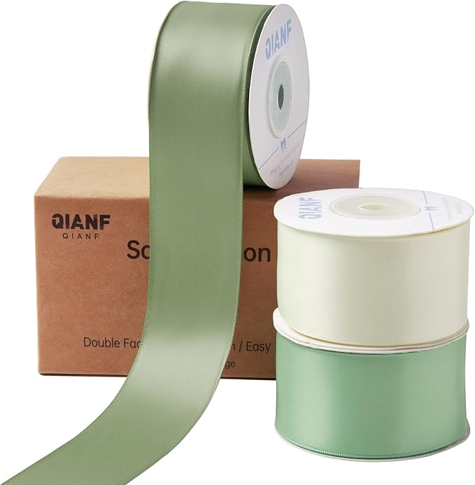 Sage Green Double Face Satin Ribbon 1-1/2 Inch x 45 Yards Moss Green Cream Fabric Ribbon for Gift Wrapping, Flower Bouquets, Bows Making, Wedding Decor, Invitations, Christmas (3 Rolls *15Yd)