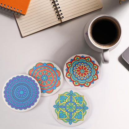 10 Pcs Ceramic Coasters for Drinks Color Your Own Coaster Set DIY Absorbent Cup Mat with 12 Markers and Cork Base Gift Arts and Crafts for Coffee Table Apartment Bar Home Decoration (Mandala)