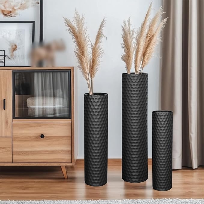 Tall Black Floor Vase 3 Pack, Extra Large Decorative Metal Standing Vases for Living Room Corner Office Home