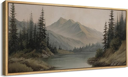 SIGNFORD Extra Large Framed Canvas Print Wall Art Mountain Forest Landscape Misty Pine Trees and Lake Scene Illustrations Modern Art Relax/Calm Warm for Living Room, Bedroom, Office - 60"x30"