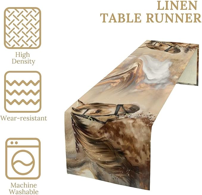 Marble Horse Table Runner, Dark Brown Marble Abstract Horse White Gold Natural Texture Dinner Runner Table Decoration for Home Kitchen Dining Holiday Party 13x90in